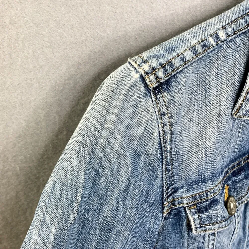 LOGG H&M Blue Faded Vintage Wash Distressed Denim Jacket Women Button Country - Picture 5 of 11